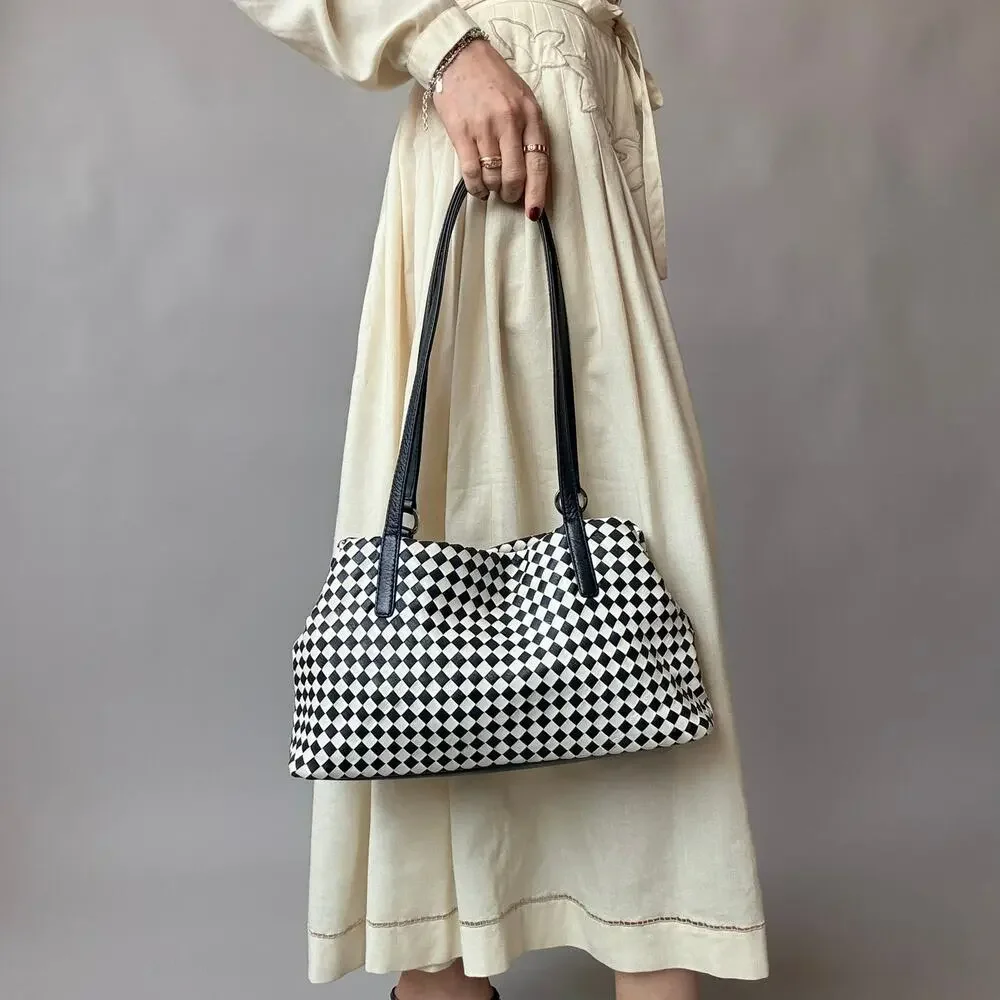 Vintage Valerie Stevens Woven Leather Shoulder Bag - Black & White Checkerboard